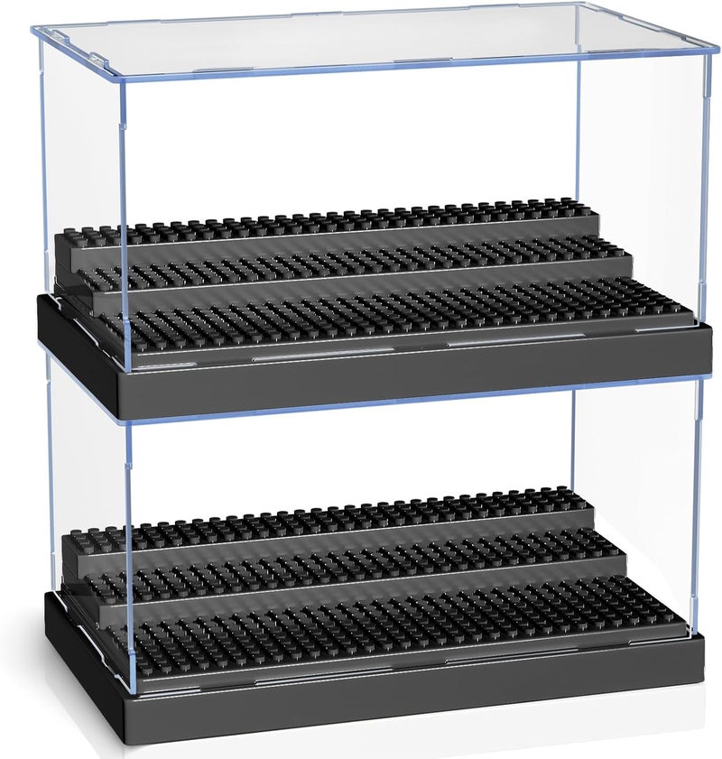 KKU Display Case for Minifigure Action Figures Blocks, Acrylic Minifigure Display Case Box Storage with 3 Movable Steps Gift for Kids Adults Black, 2 Pack - Image 1